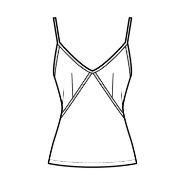 Gecelik, tatlı boyunlu, ince kayışlı, dar kesimli, sırt fermuarlı, üst düzey teknik tasvir. Düz 