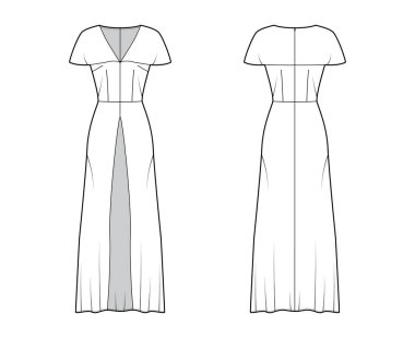 V yaka, kısa kollu pelerin, A çizgisi etek bilek uzunluğuna sahip üst düzey teknik tasvirler.