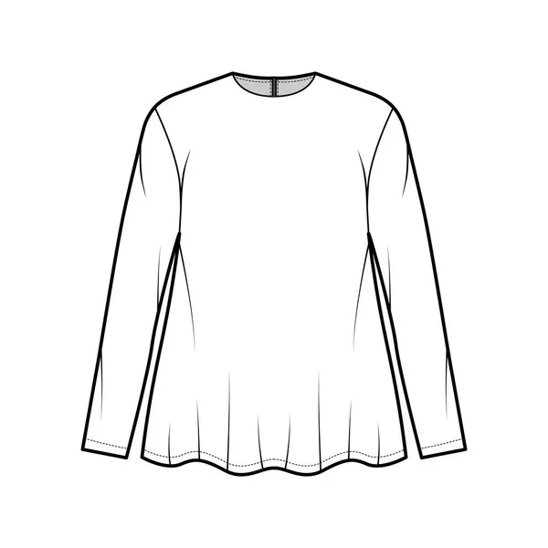 Camicia ragazzo illustrazione tecnica di moda con scollatura a girocollo, maniche lunghe, oversize, fondo a brillamento chiusura posteriore con zip — Vettoriale Stock