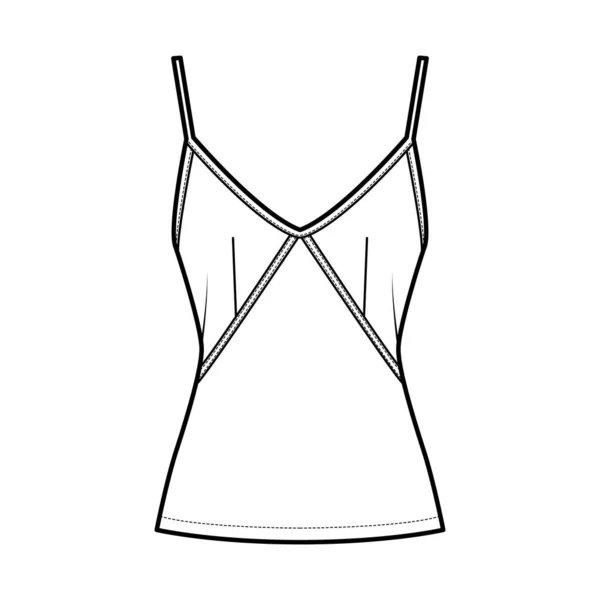 Camisole 는 맨 위의 기술적 인 패션 일러스트를 그녀의 목, 얇은 끈, 얇은 맞음, 지퍼 고정으로 미끄러지게 합니다. 플 라트 — 스톡 벡터