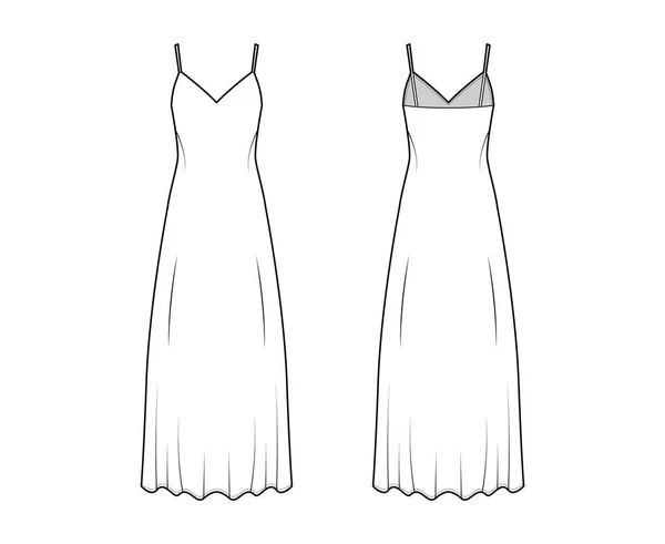 Strap sun dress technische mode illustratie met diepe V-hals, maxi ancle lengte, losse vorm, semi-sirculaire volheid — Stockvector