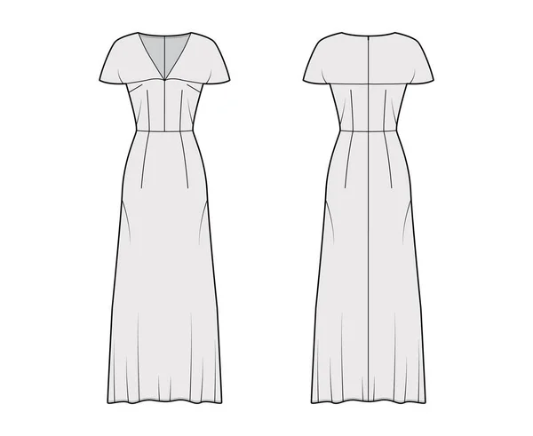 Μακρύ φόρεμα τεχνική απεικόνιση μόδας με V-λαιμό, ακρωτήριο επίδραση κοντά μανίκια, ancle μήκος δαπέδου, A-line πληρότητα — Διανυσματικό Αρχείο