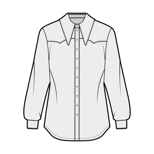 Chemise d'inspiration occidentale illustration de mode technique avec manches longues avec poignets, fermeture par bouton avant, col montant — Image vectorielle