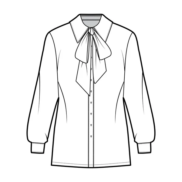 Pussy-bow shirt technical fashion illustration with long sleeves with cuff, relax fit, button-fastening, regular collar — Stok Vektör