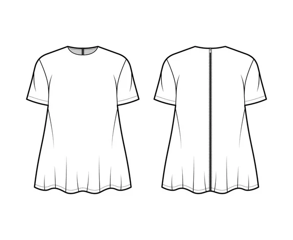 Boyfriend-Shirt technische Modeillustration mit Rundhalsausschnitt, kurze Ärmel, Übergröße, Schlagsaum, Reißverschluss — Stockvektor