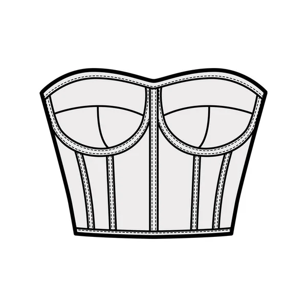 Corset-style bustier top technical fashion illustration with molded cups, close fit, back zip fastening, cropped length — Stock Vector