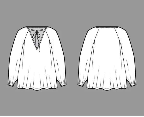 Gravata detalhada decote blusa técnica de moda ilustração com mangas raglan longas, bainha de flare alongada, de grandes dimensões — Vetor de Stock