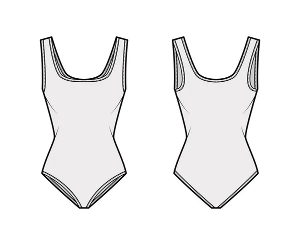 Stretch bodysuit τεχνική απεικόνιση μόδας με τετράγωνο ντεκολτέ, φαρδιά λουριά, μέτρια σύντομη κάλυψη. Επίπεδη ένα τεμάχιο — Διανυσματικό Αρχείο