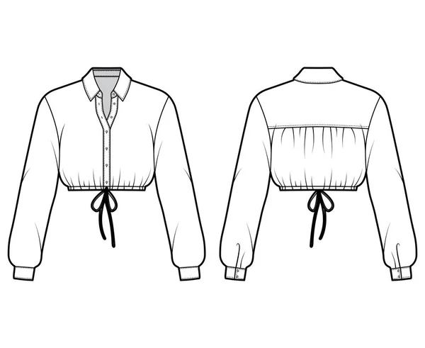 Camisa recortada ilustração de moda técnica com colarinho básico, mangas compridas, bainha cordão, botão de fixação frontal — Vetor de Stock