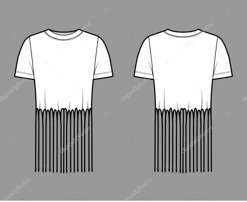 Fringed cotton-jersey top technical fashion illustration with scoop neck, short sleeves, above-the-knee length oversized