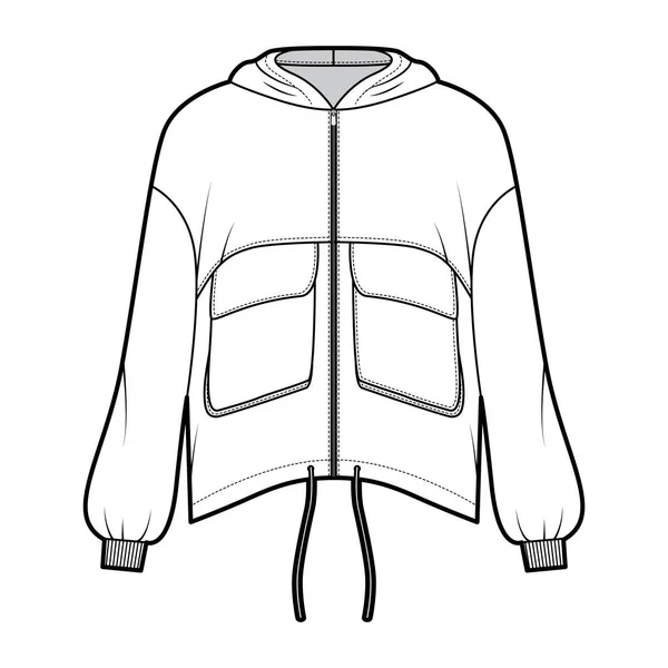 Veste de mode technique à capuche à capuche zippée avec poches à rabat utilitaires, oversize, manches longues, — Image vectorielle