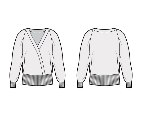 Wrap-Effekt Pullover technische Mode Illustration mit entspannter Passform, lange Ärmel, Rippstrickleisten. Flacher Pullover — Stockvektor