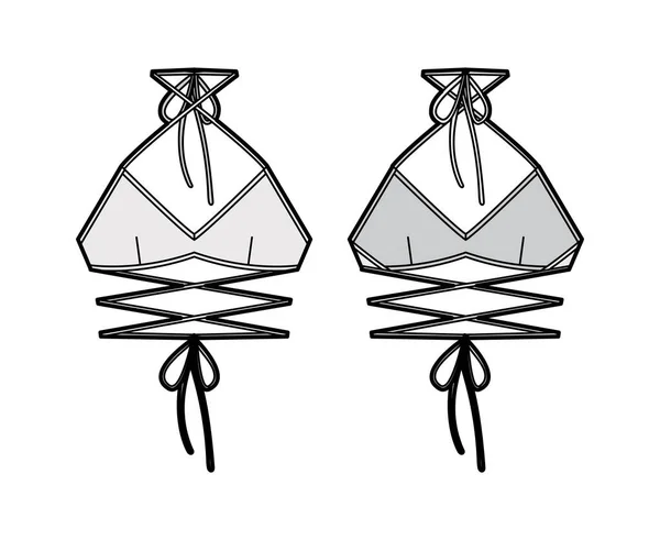 Bralette top técnica moda ilustración con lazos delgados envueltos alrededor del cuerpo en el cuello y la espalda trajes de baño lencería — Vector de stock