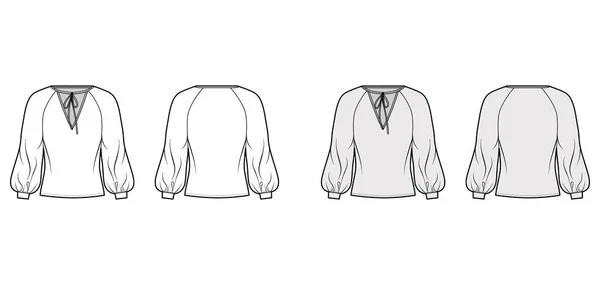 Blusa de escote detallada corbata ilustración de moda técnica con mangas largas de raglán obispo, dobladillo alargado de gran tamaño. — Vector de stock