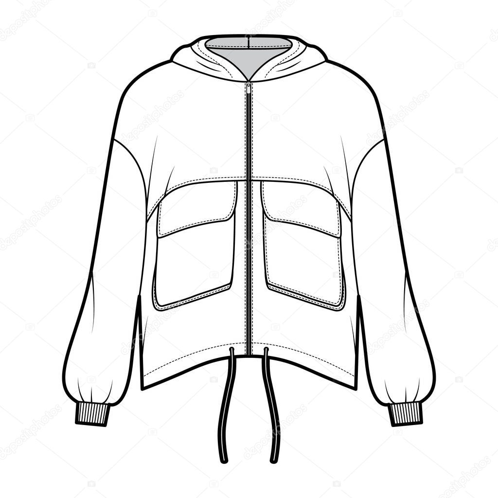 Zip-up hooded paneled track jacket technical fashion illustration with utility flap pockets, oversized, long sleeves, 
