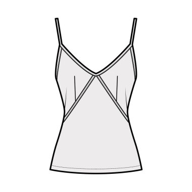 Gecelik, tatlı boyunlu, ince kayışlı, dar kesimli, sırt fermuarlı, üst düzey teknik tasvir. Düz 