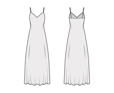 Kayışlı güneş giysisi, V yaka, maksimum bilek uzunluğu, gevşek şekli, yarı sirküler dolgunluğu olan teknik moda çizimi.