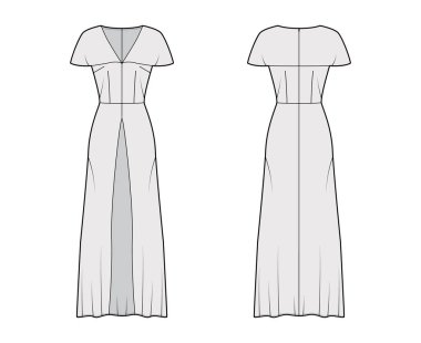 V yaka, kısa kollu pelerin, A çizgisi etek bilek uzunluğuna sahip üst düzey teknik tasvirler.