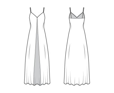 V yakalı, ön düğmeli, maksimum bilek uzunluklu, gevşek şekilli Camisole teknik tasviri. Düz