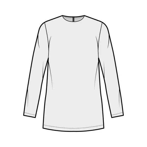 Cady tunic technical fashion illustration with crew neckline, long sleeves, oversized, back zip fastening, elongated hem — Stock Vector