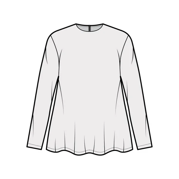 Boyfriend shirt technische mode illustratie met bemanning hals, lange mouwen, oversized, flare zoom rug ritssluiting — Stockvector