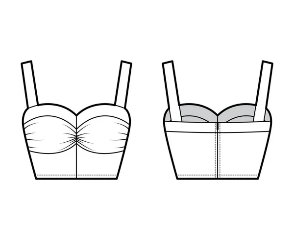 Cropped top illustration de mode technique avec décolleté chérie féminine, buste doucement ramassé, bretelles larges. Plat — Image vectorielle