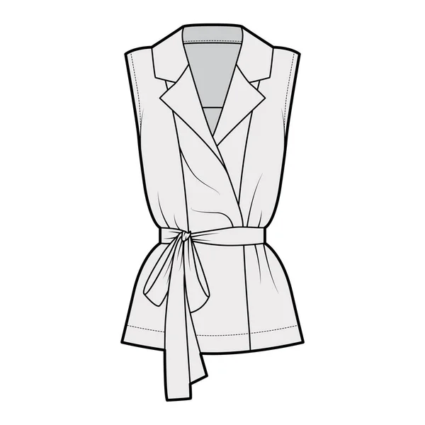 Camisa de embrulho de cintura dupla ilustração de moda técnica com ajuste relaxado apontou gola de entalhe, sem mangas — Vetor de Stock