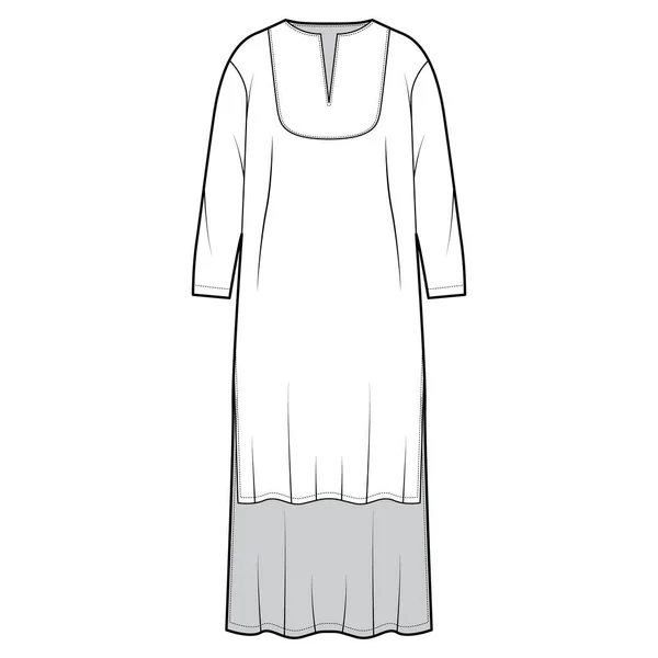 Тунічна каді-сукня технічна модна ілюстрація з кафтанською шиєю, довгими рукавами, високою низькою довжиною, розслабленим одягом — стоковий вектор