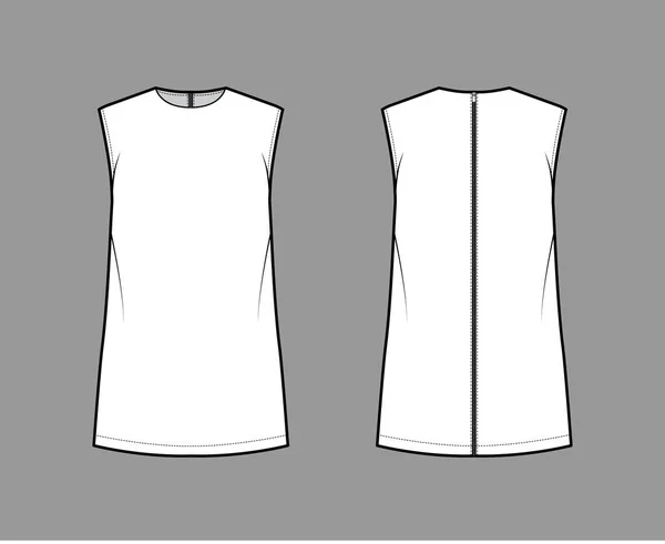 Cady túnica técnica moda ilustración con cuello redondo, sin mangas, de gran tamaño, cierre de cremallera trasera, dobladillo alargado — Vector de stock