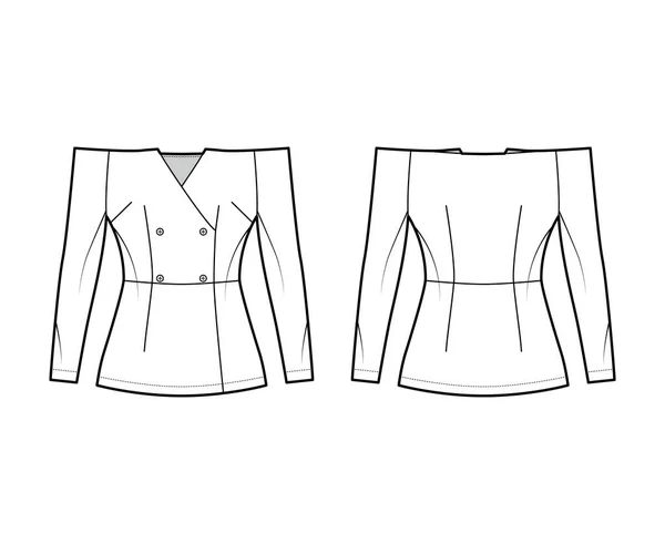 Off-the-shoulder dubbelknäppt topp teknisk mode illustration med monterad silhuett, långa ärmar, knappöppning — Stock vektor