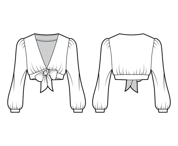 Ilustración técnica de moda con mangas largas voluminosas, escote hundido. Blusa plana — Vector de stock