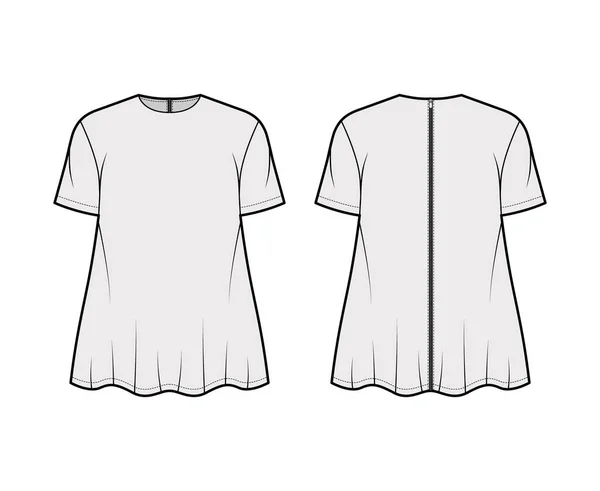 Camisa de novio ilustración técnica de moda con cuello redondo, mangas cortas, sobredimensionado, dobladillo llamarada, cierre de cremallera — Vector de stock