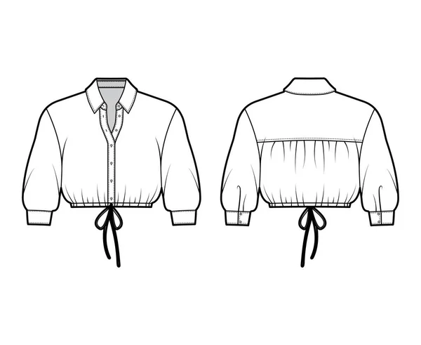 Camisa recortada ilustración técnica de moda con cuello básico, mangas de codo, dobladillo con cordón, cierre de botón delantero — Vector de stock