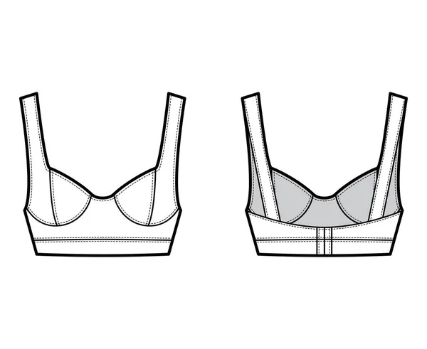 Smycke beskuren bustier top teknisk mode illustration med bred axelrem, böjda gjutna koppar, nära passform. — Stock vektor