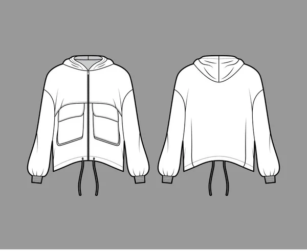 Chaqueta de chándal con capucha con cremallera ilustración técnica de moda con bolsillos de solapa de utilidad, mangas largas de gran tamaño, — Vector de stock