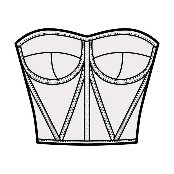 Corset-style bustier top technical fashion illustration with molded cups, close fit, back zip fastening, cropped length — Stock Vector