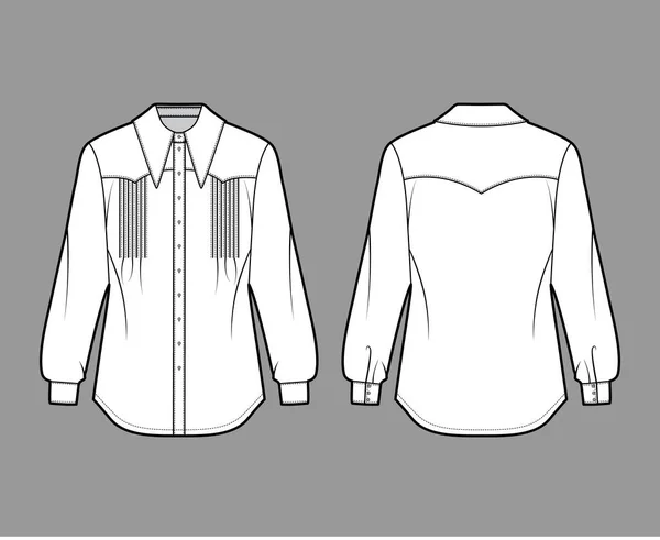Western-inspirado pintucked camisa técnica ilustração de moda com mangas compridas, botão de fixação, colar exagerado — Vetor de Stock