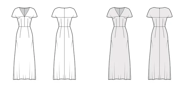 Vestido largo ilustración técnica de moda con cuello en V, mangas cortas efecto capa, longitud del piso ancla, plenitud de una línea — Vector de stock