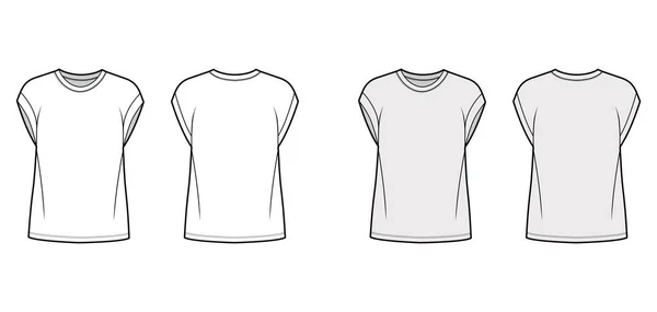 Namorado algodão-jersey T-shirt técnica de moda ilustração com decote de tripulação clássico, mangas de boné curto, oversized —  Vetores de Stock