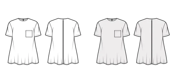 Přítel košile technické módní ilustrace s kapsou, krk posádky, krátké rukávy, nadrozměrné, světlice lem zip zapínání — Stockový vektor