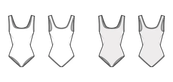 Stretch bodysuit ilustração de moda técnica com decote quadrado, tiras largas, cobertura breve médio. Plana de uma peça —  Vetores de Stock