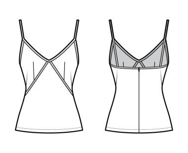 Gecelik, tatlı boyunlu, ince kayışlı, dar kesimli, sırt fermuarlı, üst düzey teknik tasvir. Düz 