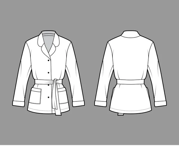 Bältad pyjamas stil wrap skjorta teknisk mode illustration med rundad hack krage, långa ärmar, fyrkantiga fickor — Stock vektor