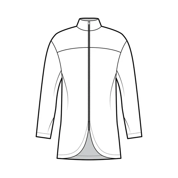 Chemise zippée illustration de mode technique avec coupe décontractée, décolleté haut, empiècement dos rond, devant, manches longues. — Image vectorielle