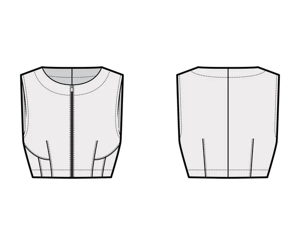 Gesneden top technische mode illustratie met nauwe pasvorm, ovale nek, taille lengtes, voorste ritssluiting. Platte kleding — Stockvector