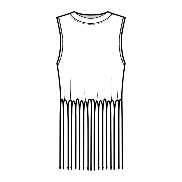 Fringed βαμβακερό-jersey top τεχνική απεικόνιση μόδας με σέσουλα λαιμό, αμάνικο, πάνω από το γόνατο μήκος, υπερμεγέθης — Διανυσματικό Αρχείο