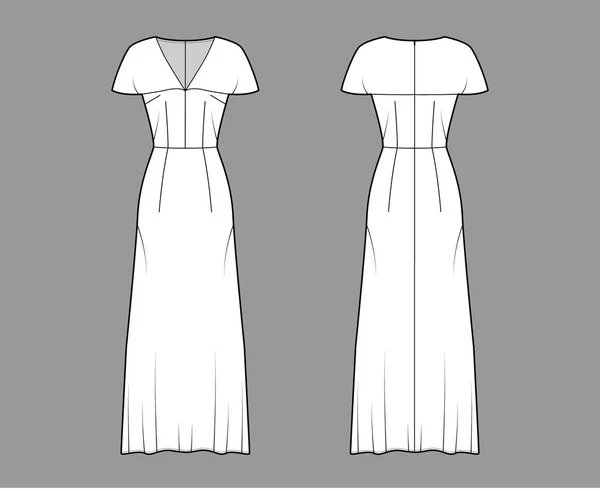 Langes Kleid technische Mode Illustration mit V-Ausschnitt, Umhang-Effekt kurze Ärmel, angewinkelte Bodenlänge, A-Linie Fülle — Stockvektor