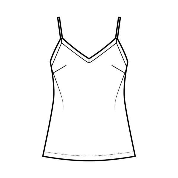 Camisole teknisk mode illustration med V-ringning, spaghetti remmar, avslappnad passform, tunika längd. Flat outwear tank — Stock vektor