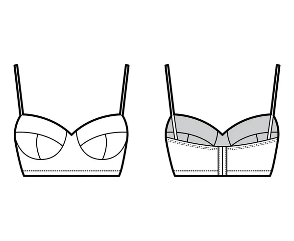 Bustier top técnica moda ilustração com comprimento cortado, copos moldados, alças de espaguete Flat bra swimwear lingerie — Vetor de Stock