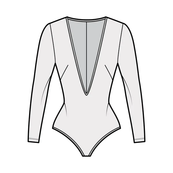 Stretch-dresy bodysuit technické módní ilustrace s ponořením V-neck, dlouhé rukávy, zadní zip zapínání jednodílné — Stockový vektor